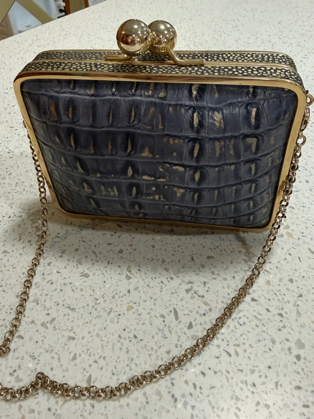 Brahmin Blue Croc-Print Box Clutch with Gold Hardware - Picture 1 of 7